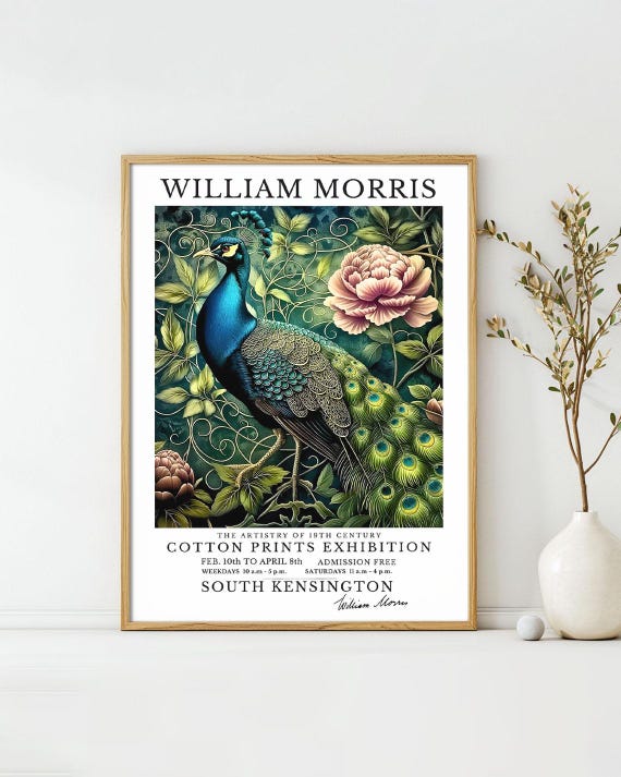 William Morris Posters Painting With Peacock On Green Bird Art Print Vintage Exhibition Wall Deco William Morris Exhibition Poster