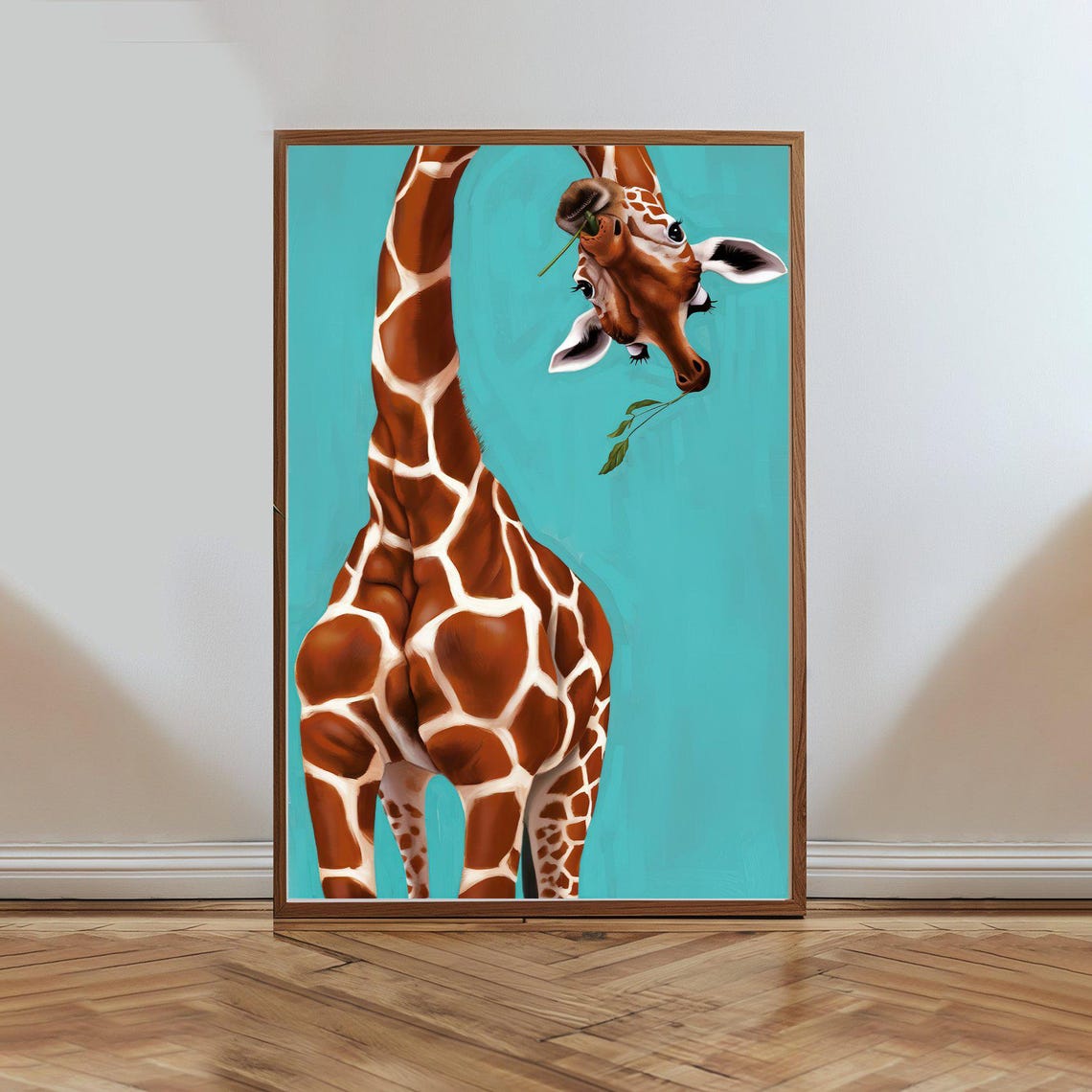 Upside Down Giraffe Face Teal Background Whimsical Animal Poster