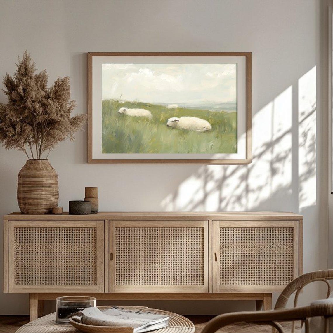 White Sheep Resting Green Pasture Muted Landscape Art Poster - Image 3