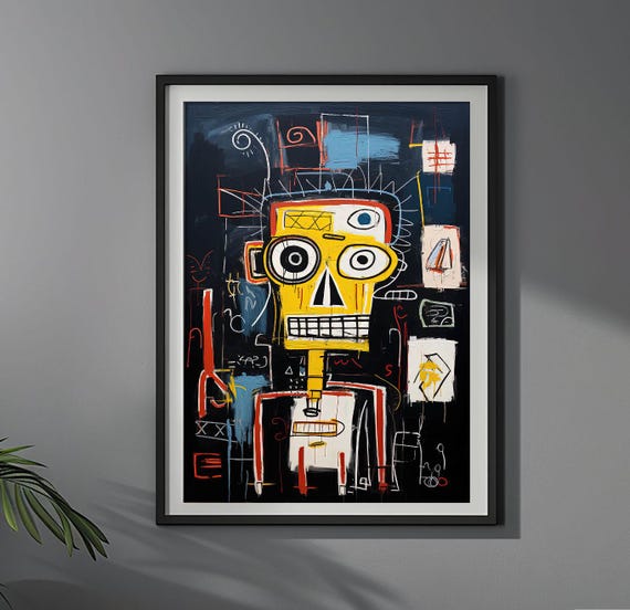 Yellow Skull Figure Jean Michel Basquiat Styl Poster Colorful Futuristic Wall Art Print Unique Design