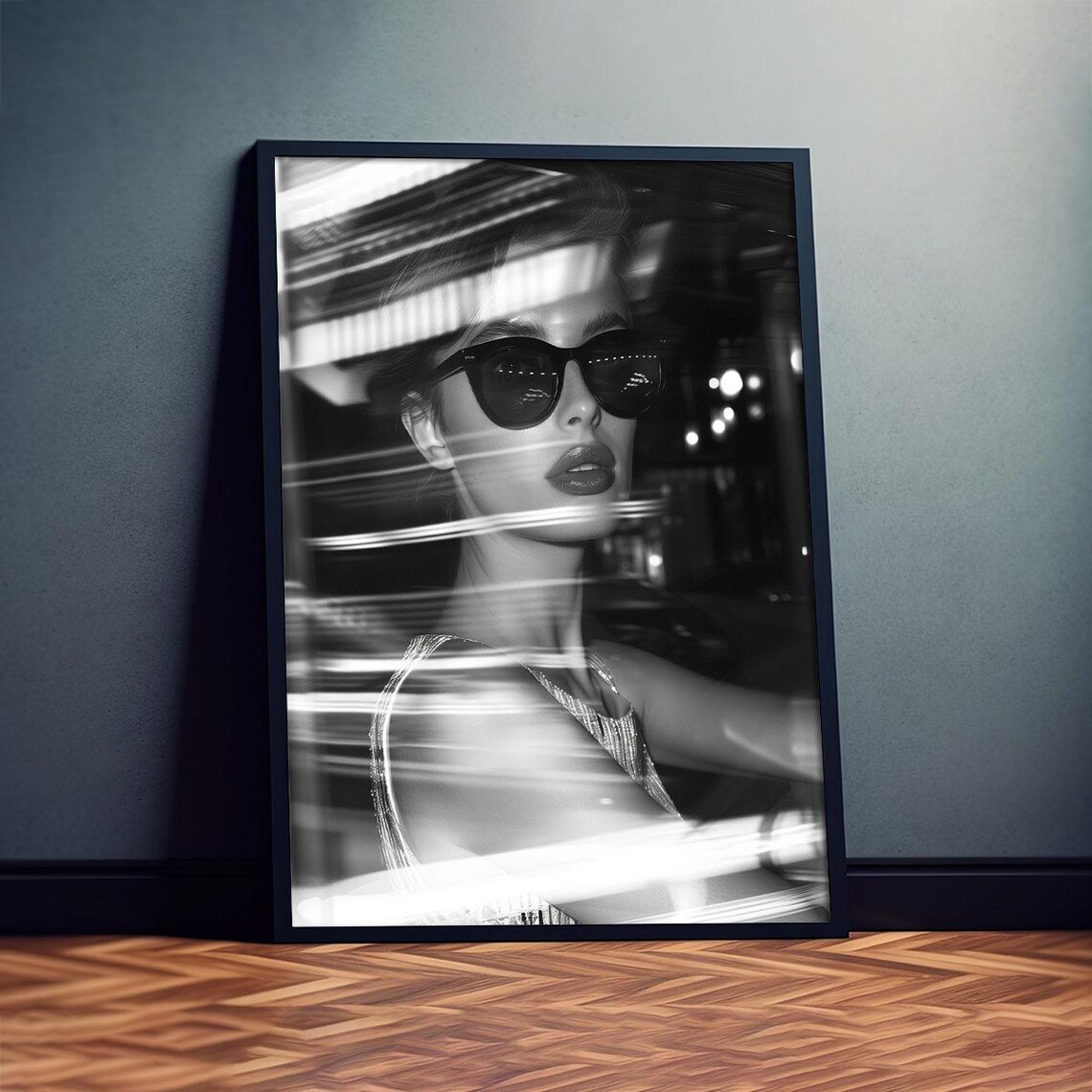 Nocturnal Woman Sunglasses Night Street Black White Photo Poster