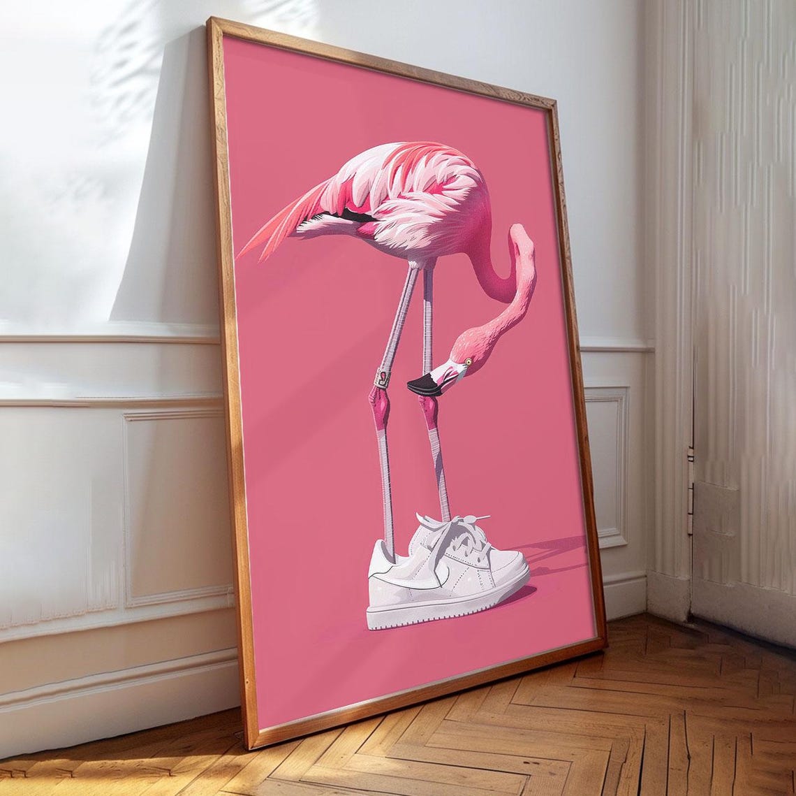 Playful Pink Flamingo Wearing White Sneakers Pop Art Style Poster - Image 3