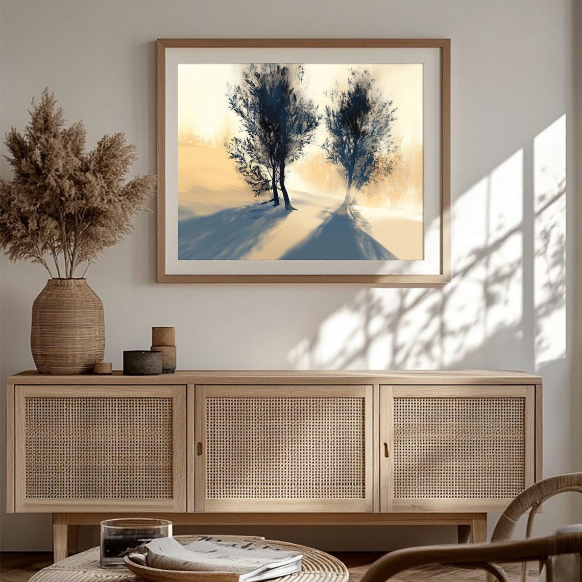 Two Trees in Snow at Golden Dawn Minimalist Winter Art Poster - Image 3