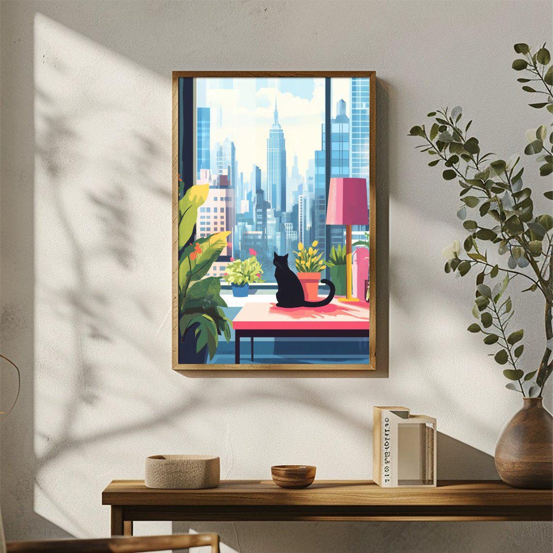 Black Cat Watching City Skyline from Window Seat Plant Poster - Image 3