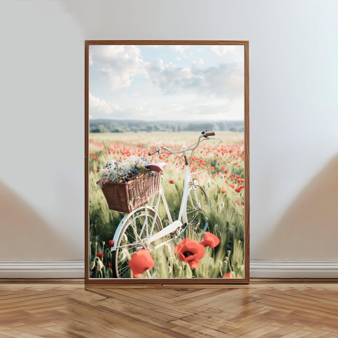 Vintage White Bicycle With Flowers In Red Poppy Field Poster