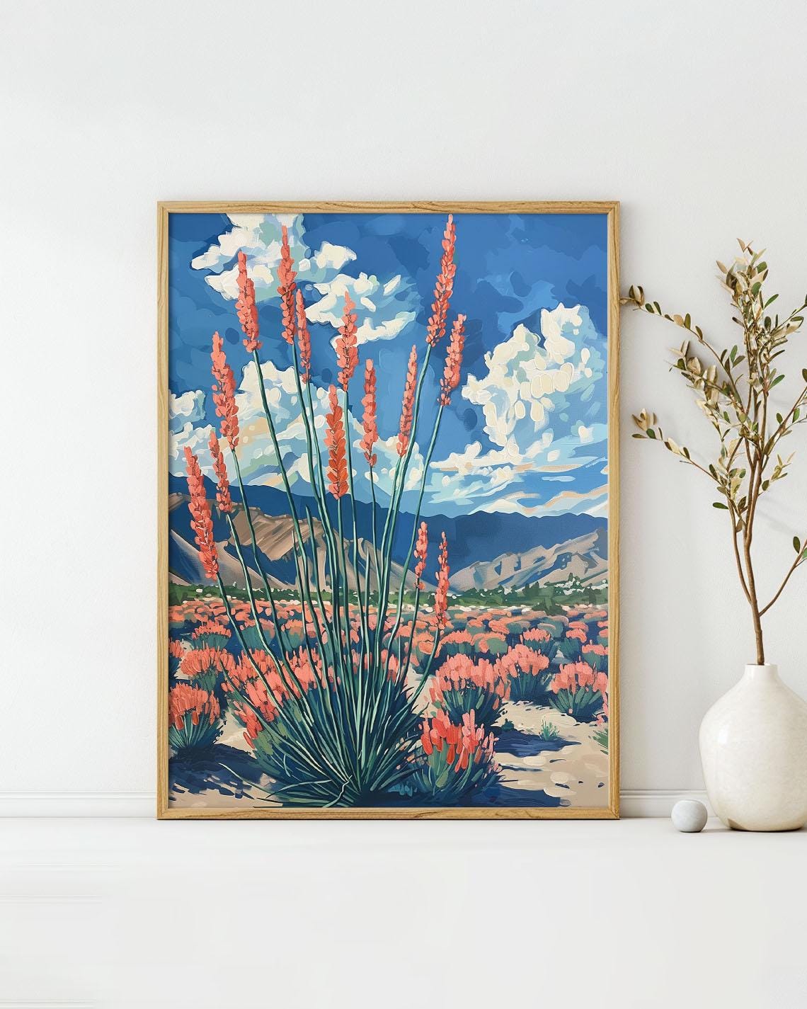Bright Desert Blossoms Ocotillo Blooms Blue Sky Mountain Poster