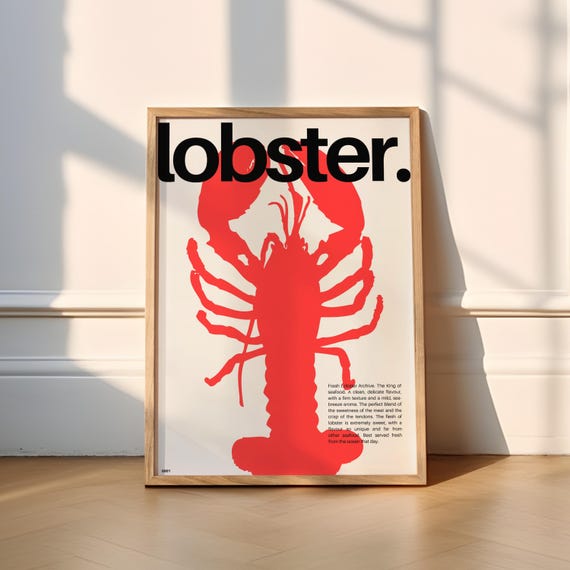 Lobster Print Kitchen Food Poster Foodie Funky Cute Wholesome Trendy Seafood Sardine Minimal Retro Vintage Fish