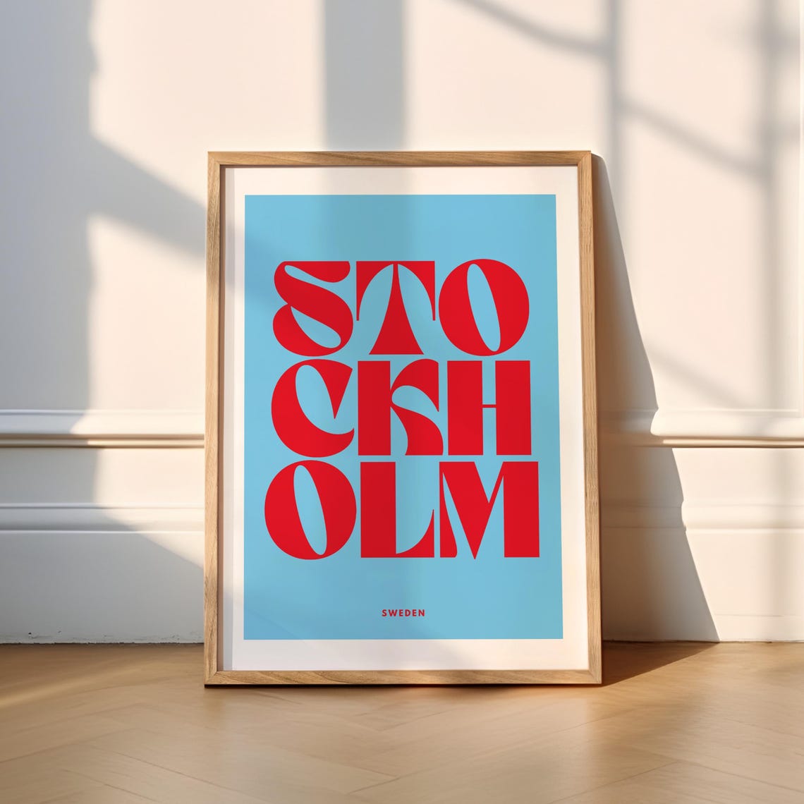 Stockholm Sweden Red Blue Retro Typography Travel Wall Decor Poster