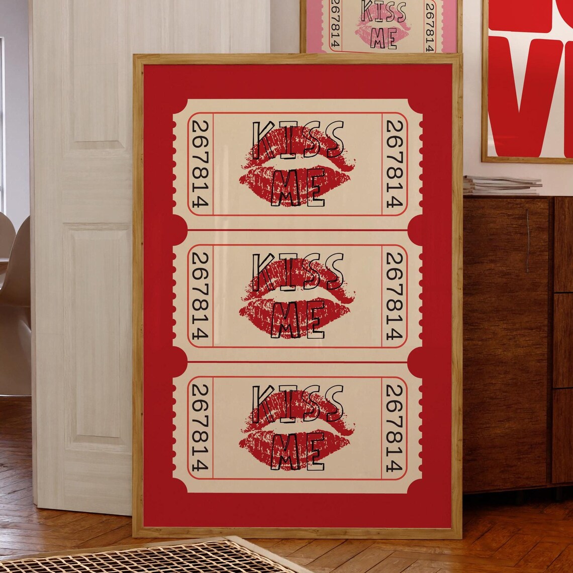 Kiss Me Red Lipstick Retro Ticket Stub Trio Girly Wall Poster