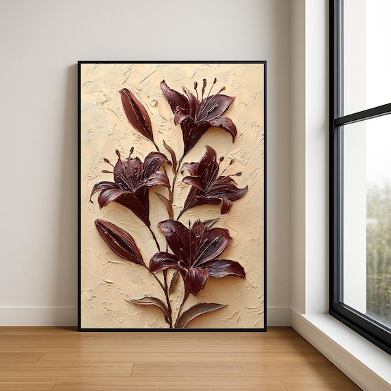 Burgundy Lilies Cream Canvas Textured Impasto Floral Oil Poster