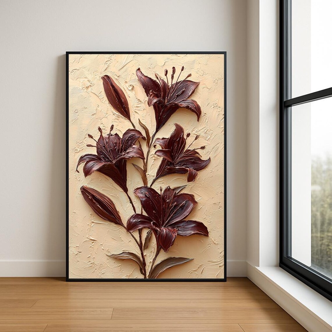 Burgundy Lilies Cream Canvas Textured Impasto Floral Oil Poster