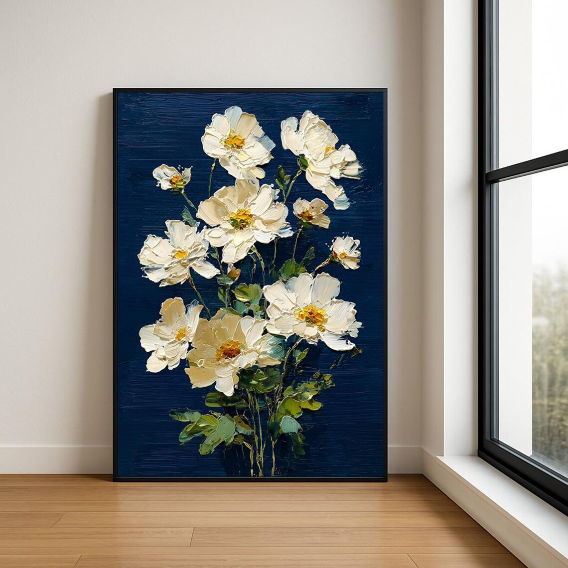 White Wildflowers Navy Canvas Textured Impasto Floral Oil Poster