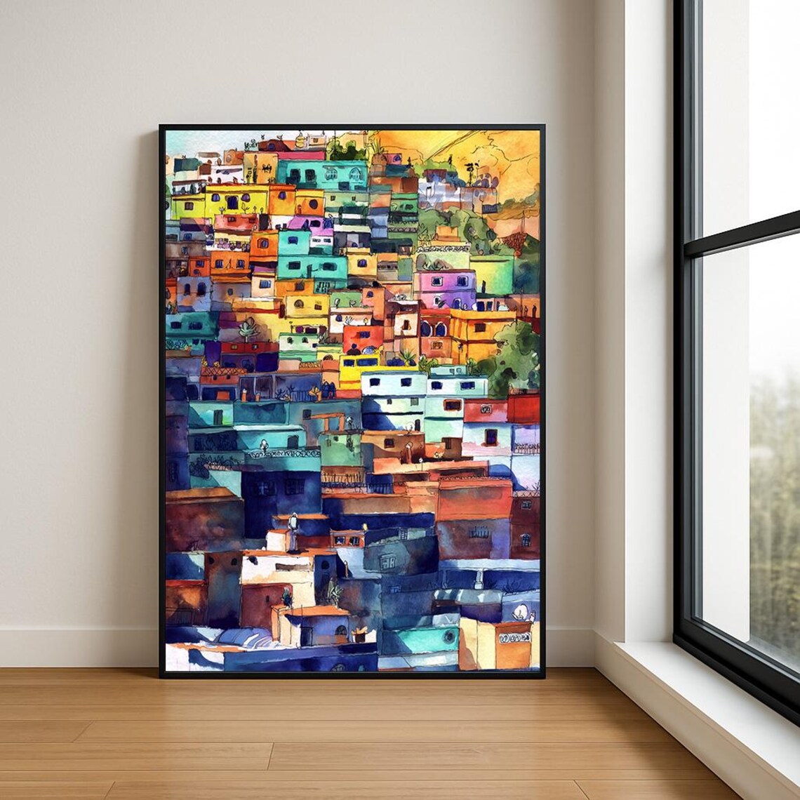 Colorful Hillside Old Town Sunset Watercolor Cityscape Wall Art