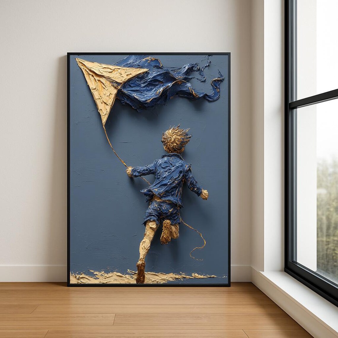 Boy Flying Golden Kite Textured Impasto Oil Painting Art Poster