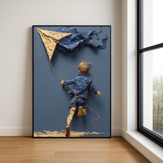 Boy Flying Golden Kite Textured Impasto Oil Painting Art Poster