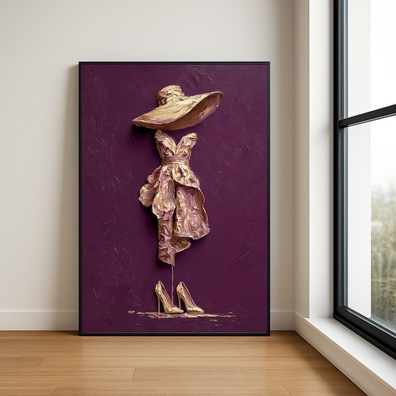 Golden Dress Lady Purple Background Fashion Oil Painting Poster
