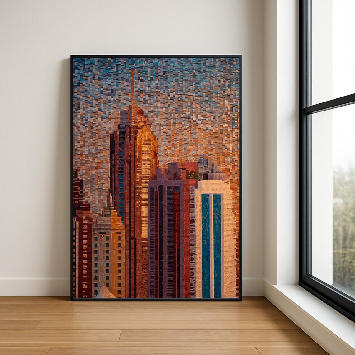 City Skyscrapers Night Blue Golden Skyline Mosaic Style Art Poster