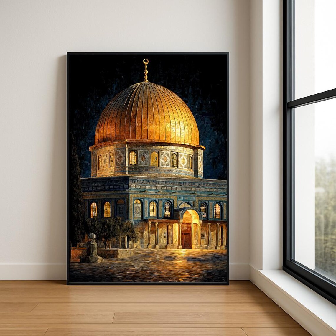 Golden Dome of the Rock Glowing at Night Islamic Art Oil Poster