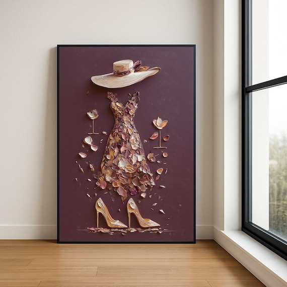 Elegant Lady Petal Dress Wine Red Textured Fashion Art Poster