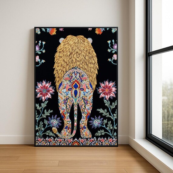 Colourful Embroidered Animal Wall Art Boho Illustration Print Vibrant Textile Style Home Decor