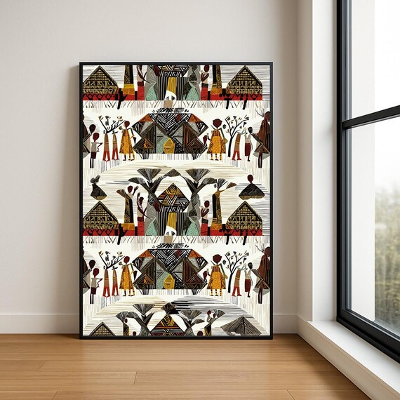 African Village Life Pattern Folk Art Huts and People Art Poster
