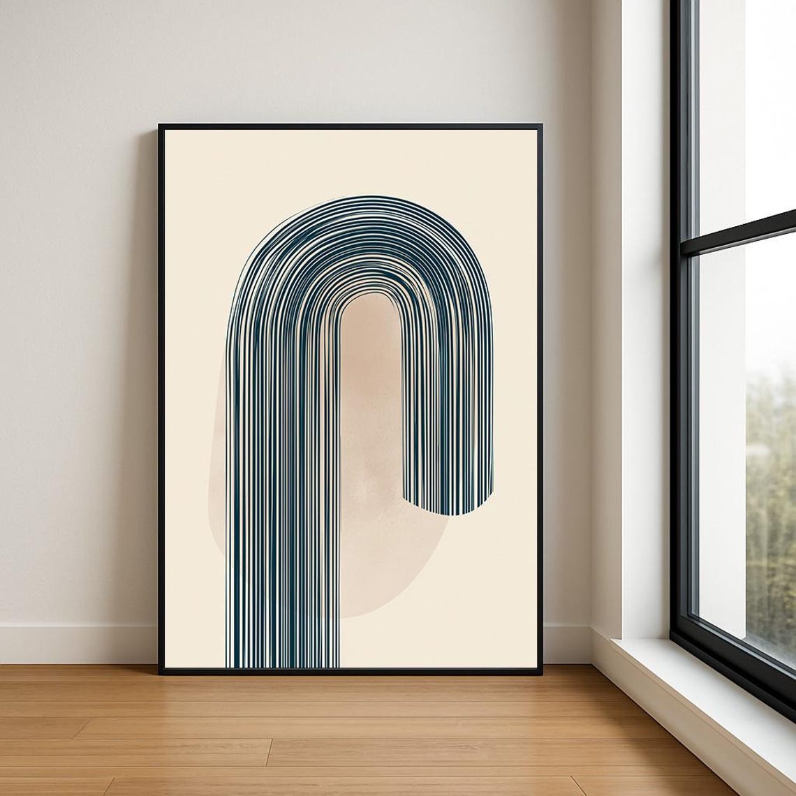 Teal Line Arch Over Stone Oval Minimalist Modern Boho Wall Art