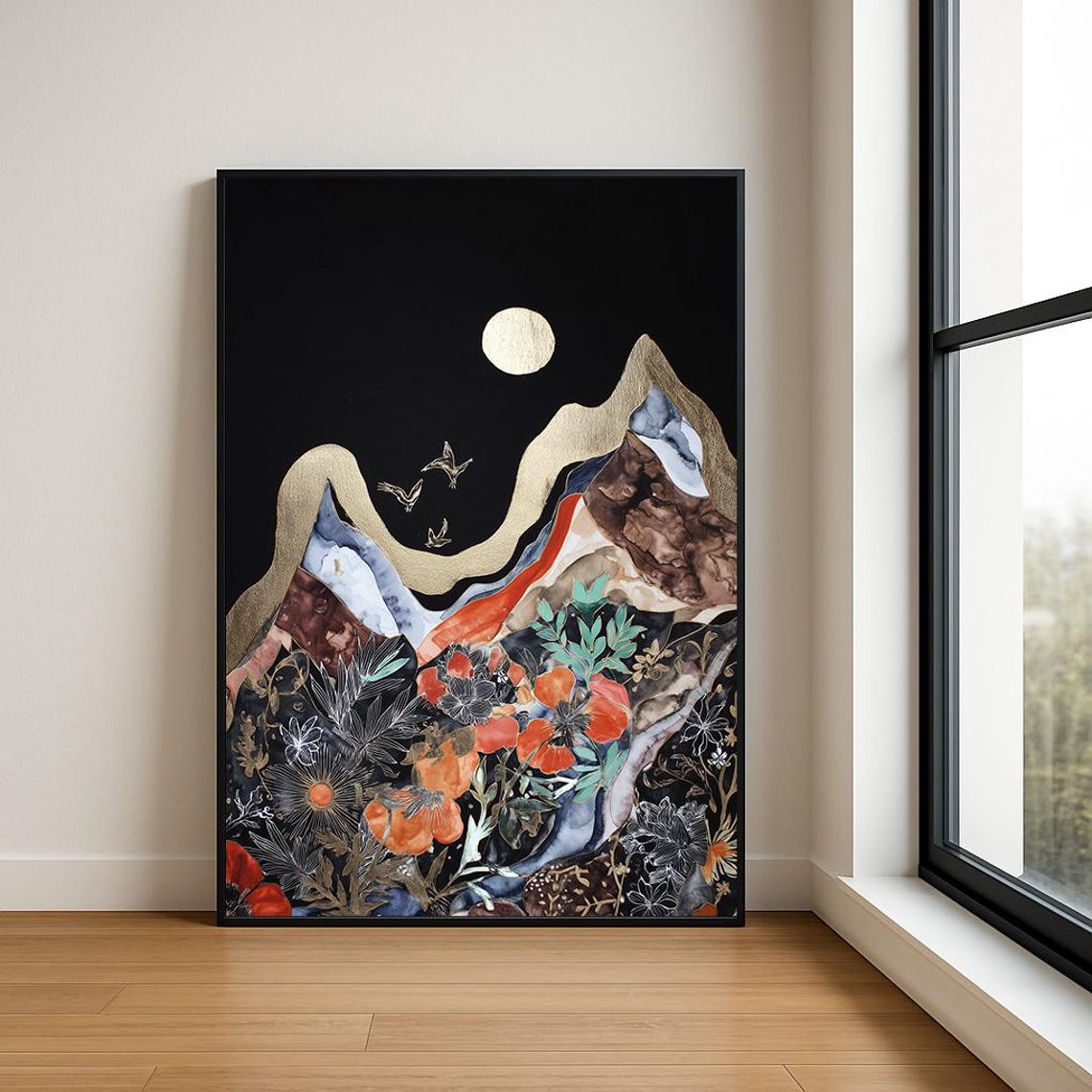 Abstract Gold Moon Mountain Poppies Black Modern Botanical Art Poster
