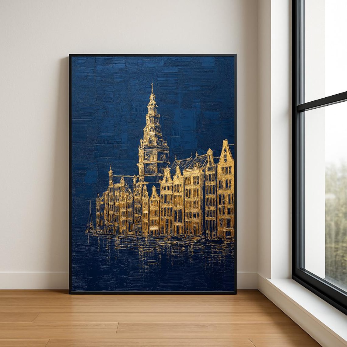 Golden Canal Houses Night Navy Oil Painting European City Art Poster