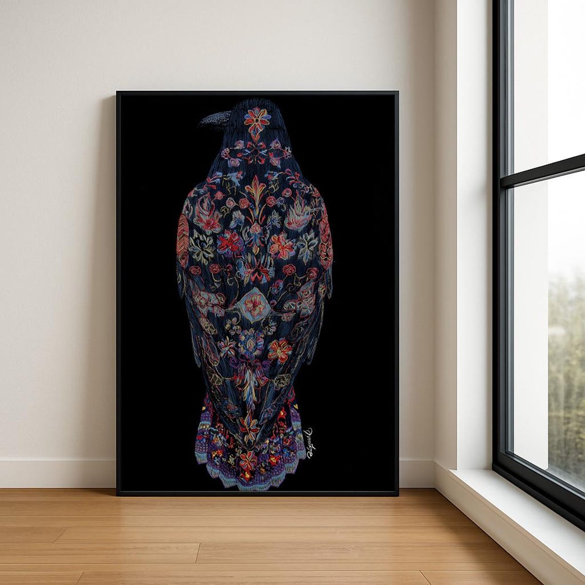 Black Raven with Colorful Floral Embroidery Boho Animal Wall Art