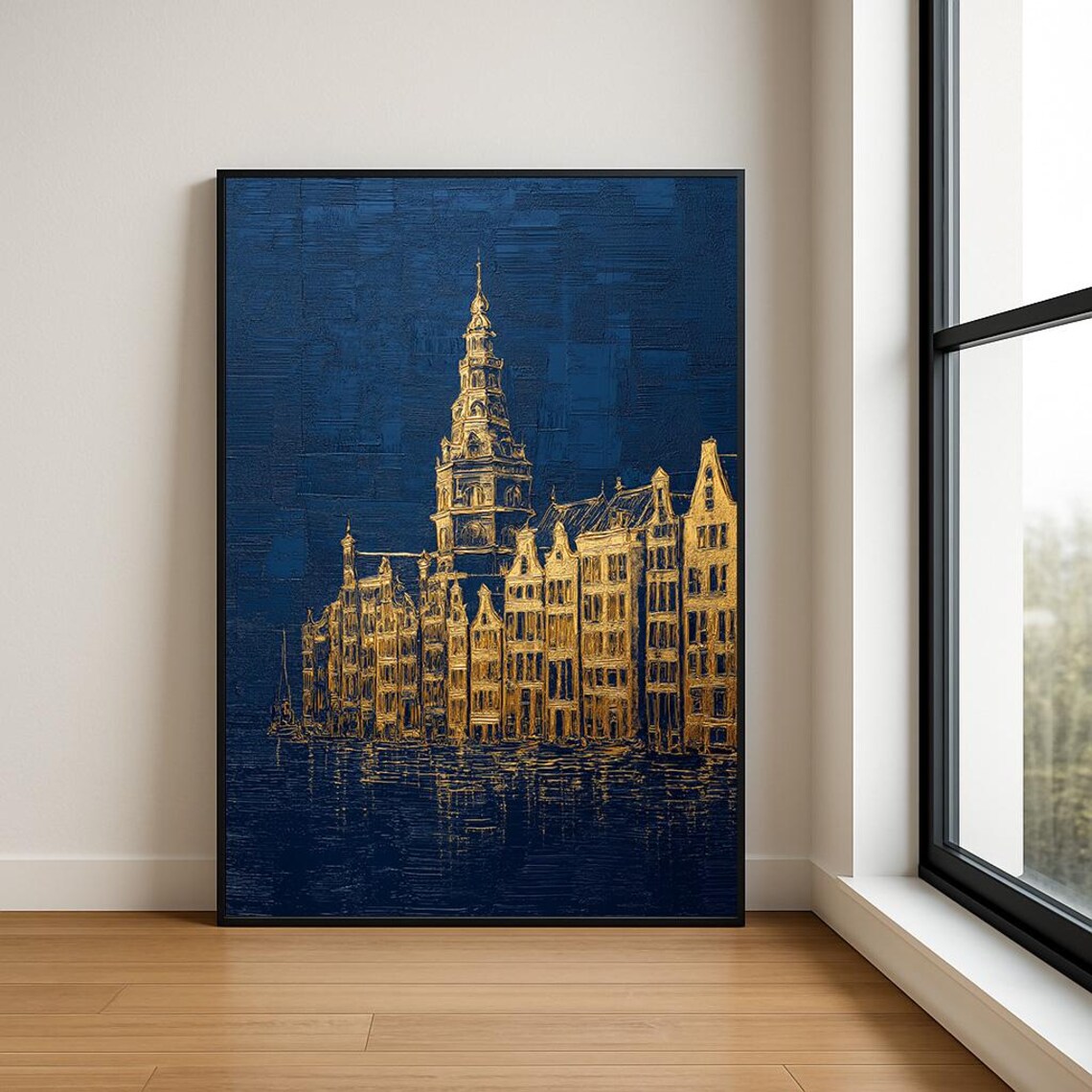 Golden Amsterdam Canal Houses Old Church Tower Night Art Poster