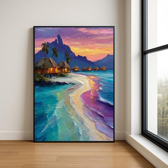 Tropical Beach Sunset Overwater Bungalows Turquoise Ocean Oil Painting Poster