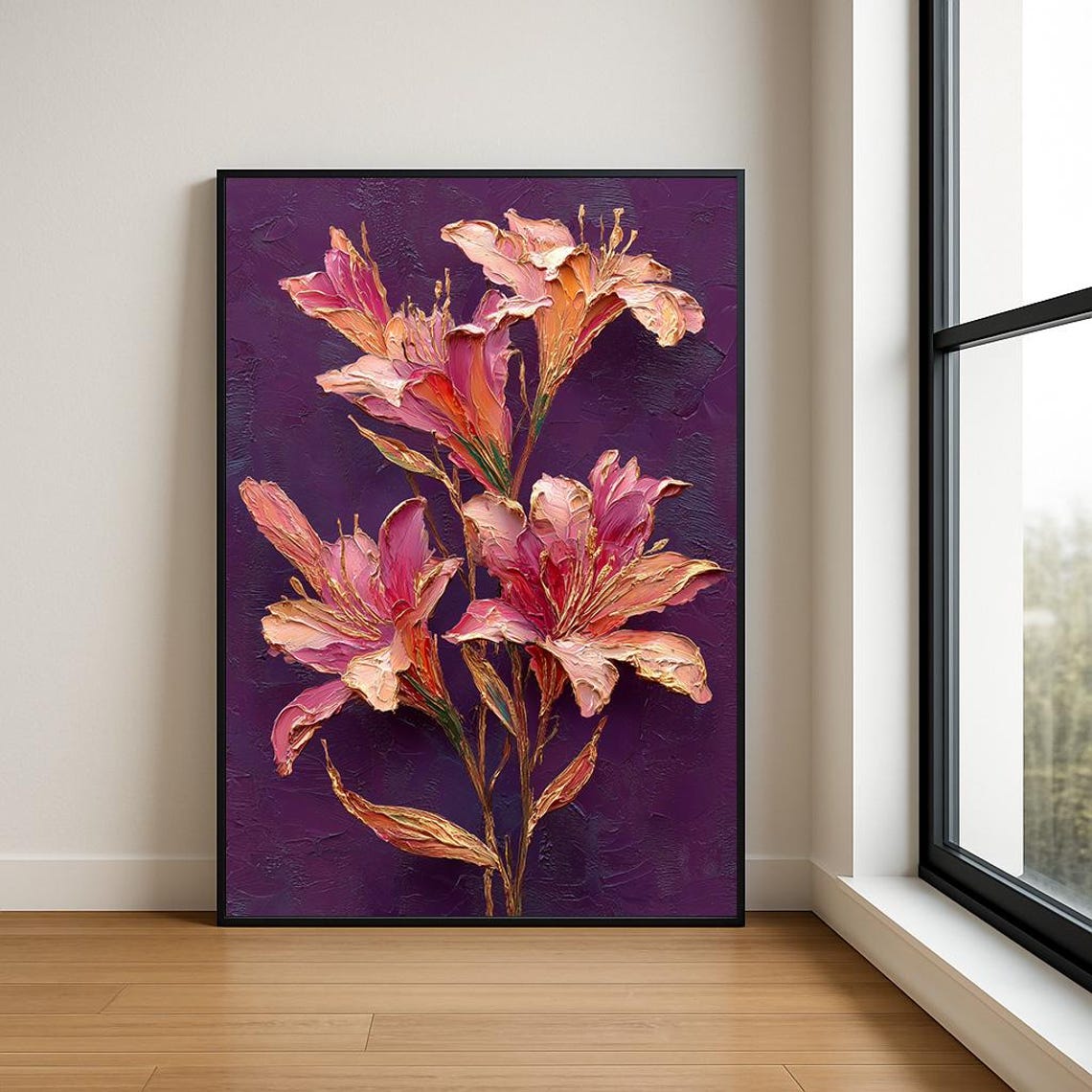 Pink Lilies on Deep Purple Canvas Textured Impasto Floral Poster
