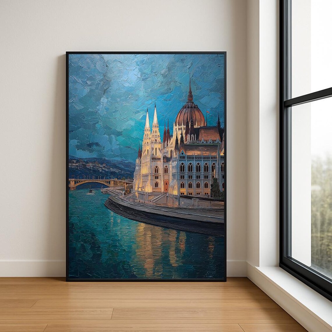Budapest Parliament Building Danube Dusk Impasto Oil Art Poster