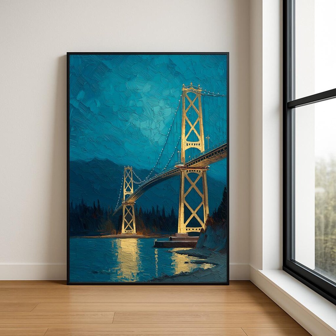 Lions Gate Bridge Vancouver Night Golden Towers Painting Poster