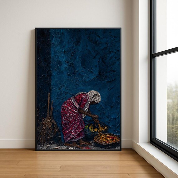 Woman Sorting Lemons Red Dress Dark Blue Impasto Oil Painting Poster
