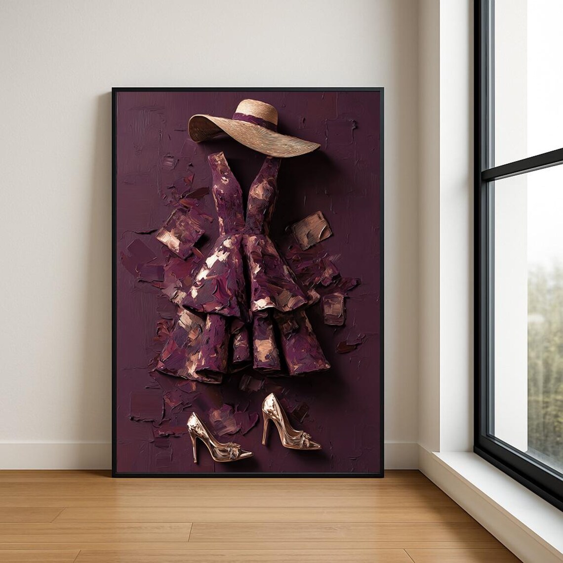 Plum Dress Straw Hat Gold Heels Fashion Flat Lay Style Wall Art