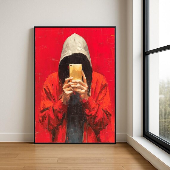 Hoodie Selfie Wall Art Print Modern Textured Oil Painting