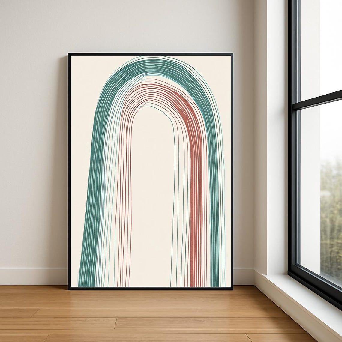 Teal and Terracotta Rainbow Arch Line Art Minimalist Wall Poster