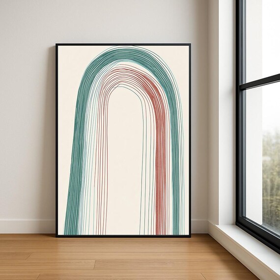 Teal and Terracotta Rainbow Arch Line Art Minimalist Wall Poster