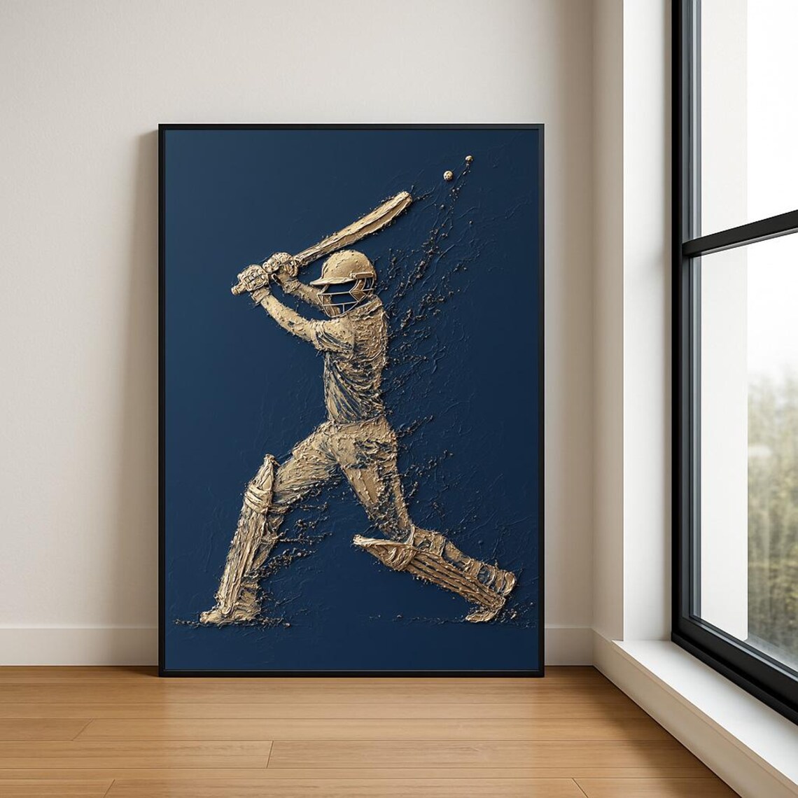 Golden Cricket Batsman Deep Navy Sculpted Relief Sports Poster