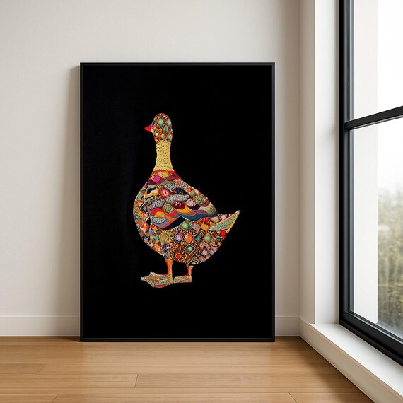 Colourful Embroidered Animal Wall Art Boho Illustration Print Vibrant Textile Style Home Decor