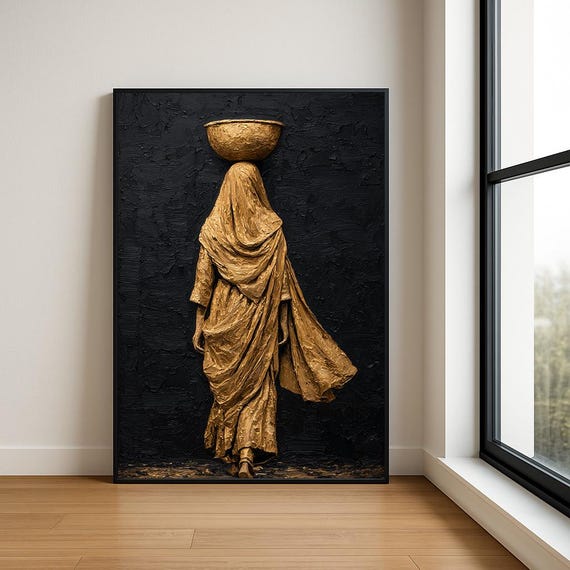 Traditional South Asian Woman Wall Oil Painting Luxury Textured Village Lady Decor