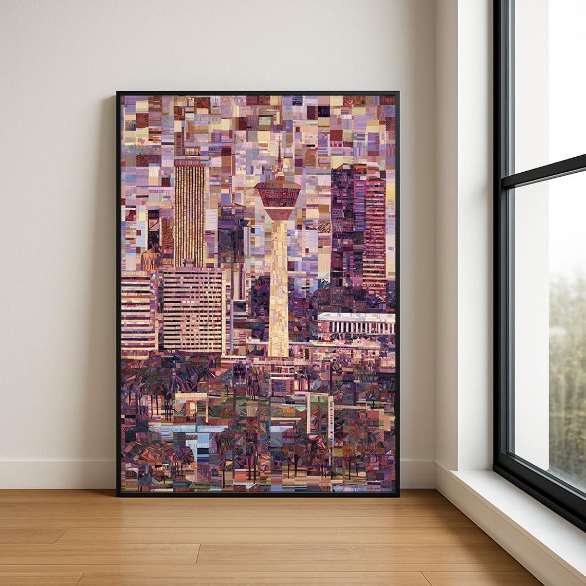 Colorful Mosaic Cubist City Skyline with Observation Tower Poster