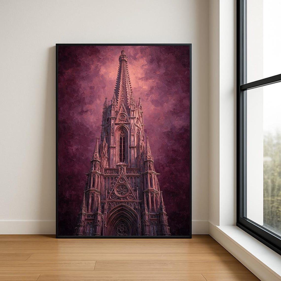 Gothic Cathedral Spire Magenta Sky Textured Oil Painting Poster
