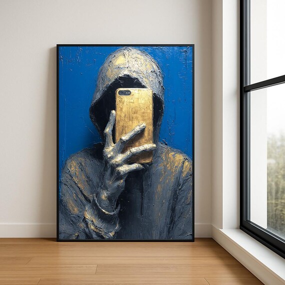 Hoodie Selfie Wall Art Print Modern Textured Oil Painting