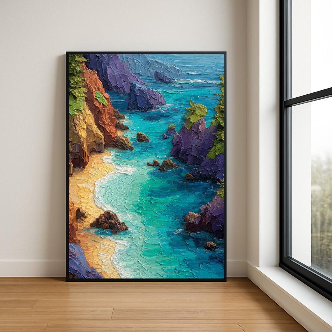 Purple Cliffs Turquoise Cove Beach Aerial Impasto Art Poster
