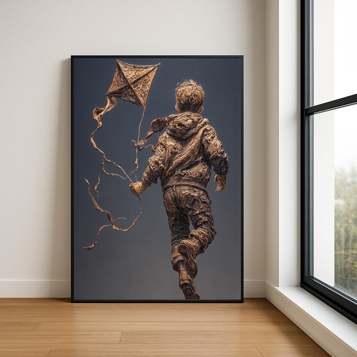 Boy with Kite Flying Copper Sculpted Relief Style Art Poster