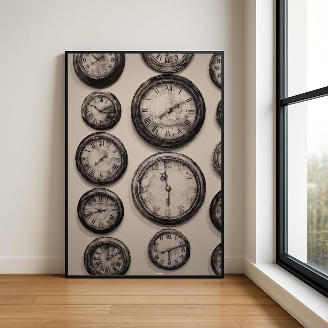 Vintage Roman Numeral Clocks Collage Charcoal Sketch Wall Art