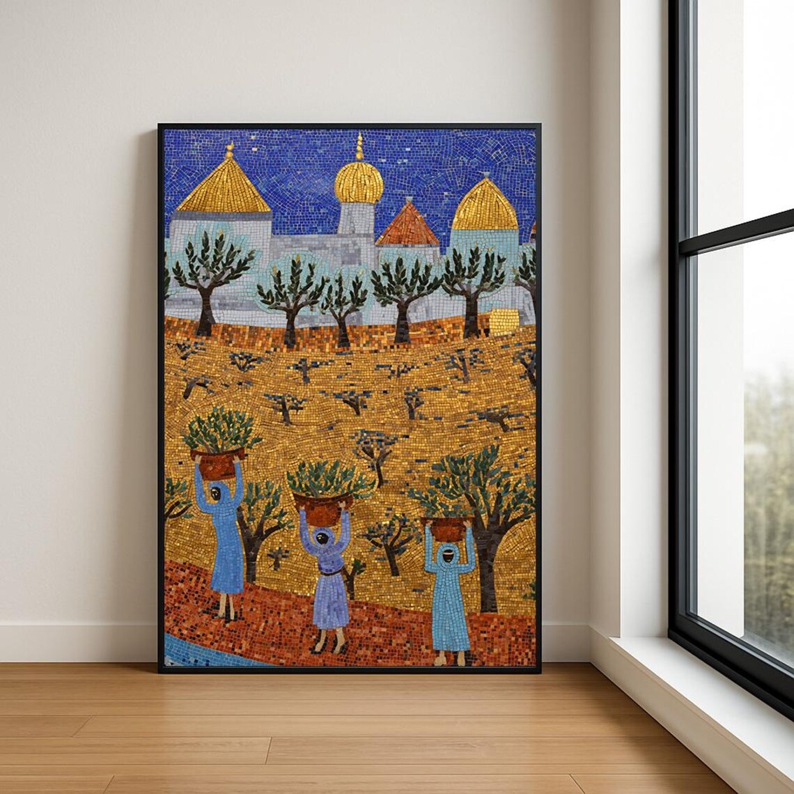 Harvest Women Mosaic Golden Field Blue Robes Domed City Art Poster