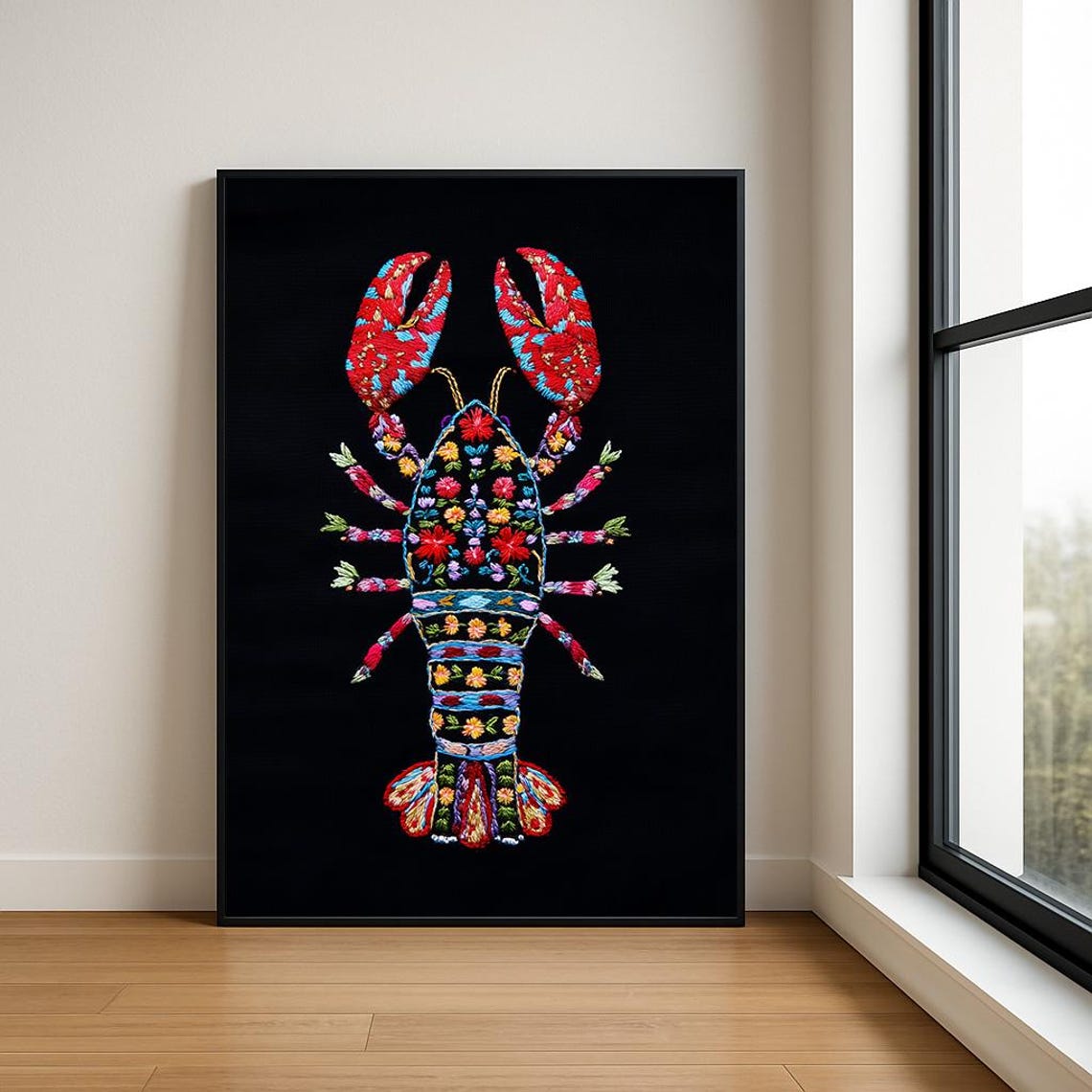 Floral Embroidered Lobster Black Background Boho Coastal Art Poster